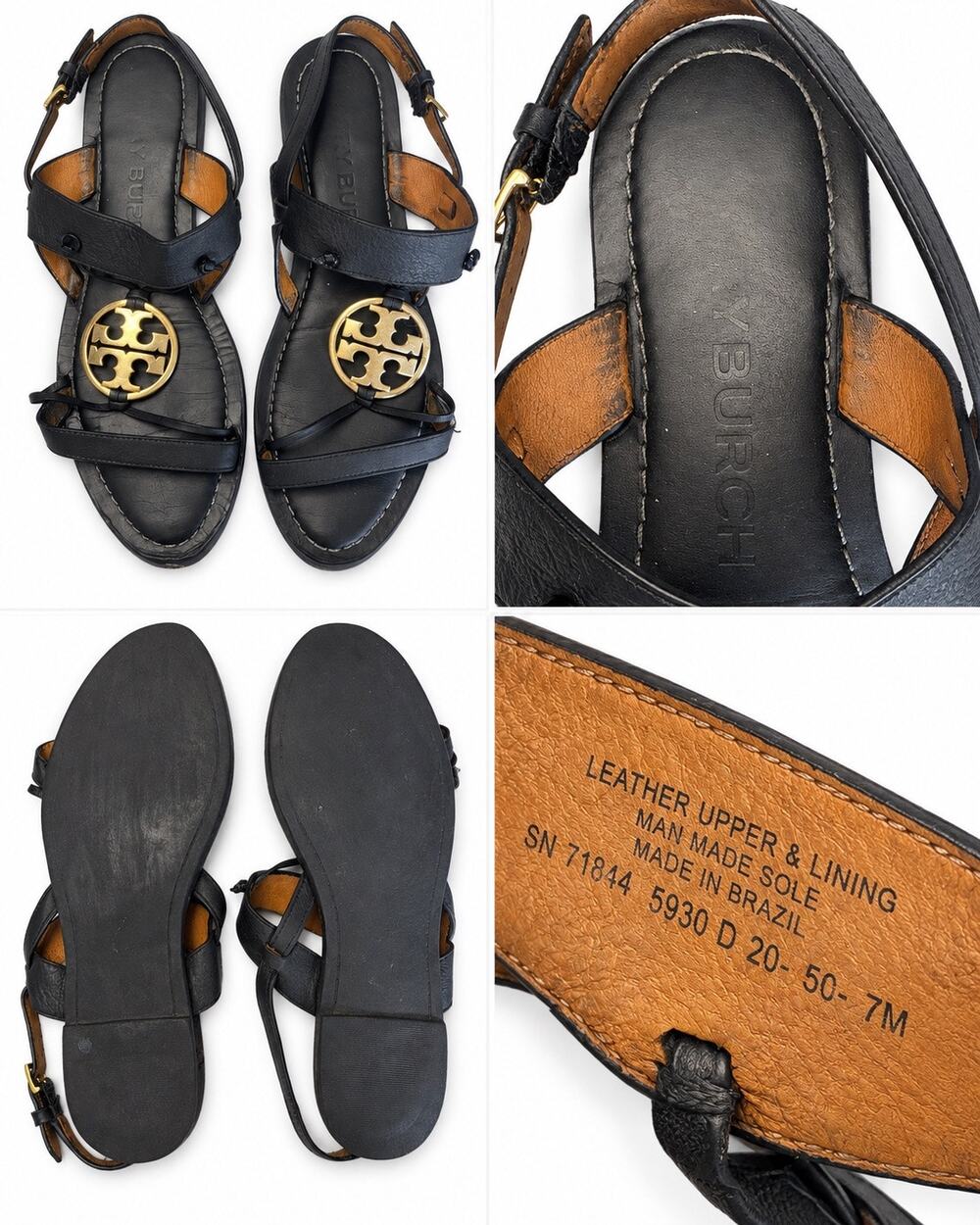 Tory Burch Black Leather Gold Logo Medallion Strappy Sandals Women’s 7M